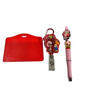 Strawberry pen, ID Badge Holder Set Red Sleeve Retractable Reel gift nurse